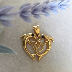 Gold Filled Charm Pendant Heart Shape Double Dolphin with Hearts